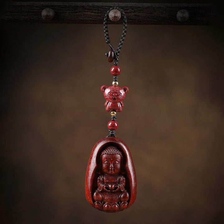 Buddha Stones Piccola foglia Sandalo rosso Buddha Cinabro Zodiaco cinese Amuleto Protezione Portachiavi