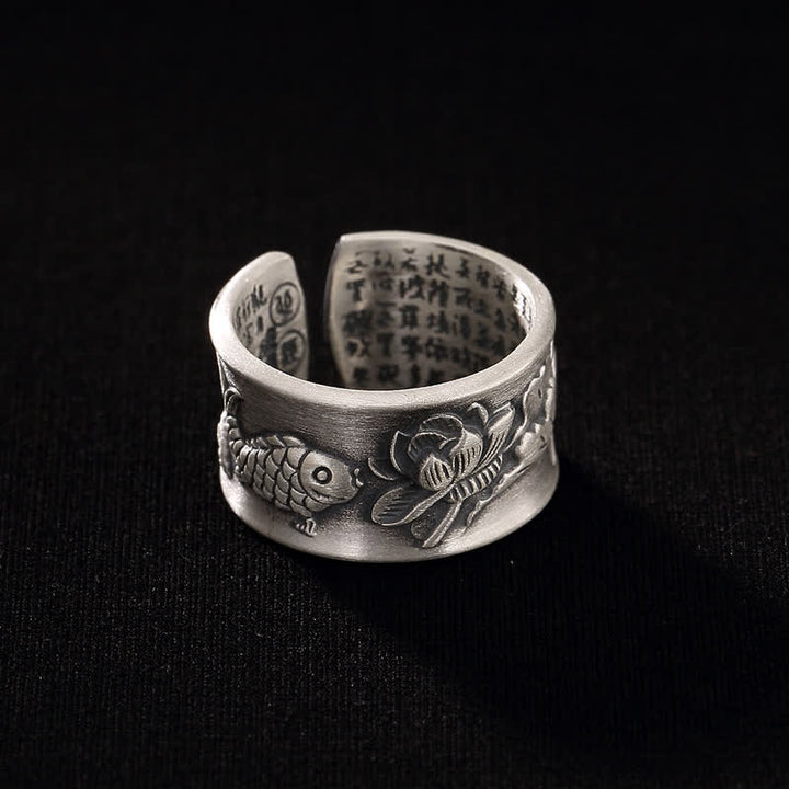 Anello Buddha Stones 999 Sterling Silver Luck Koi Fish Lotus Heart Sutra Wealth