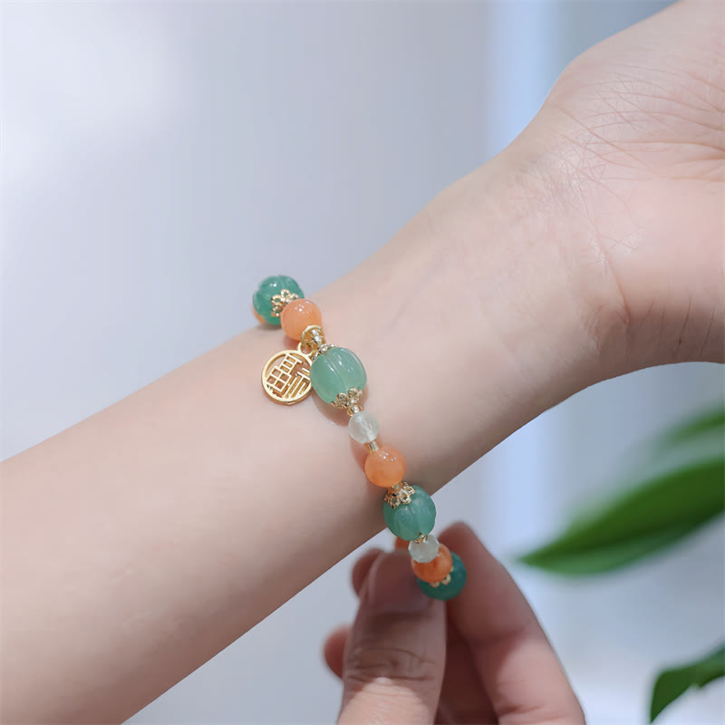 Buddha Stones Natural Golden Silk Jade Zucca Perlina Fu Carattere Charm Bracciale Ricchezza