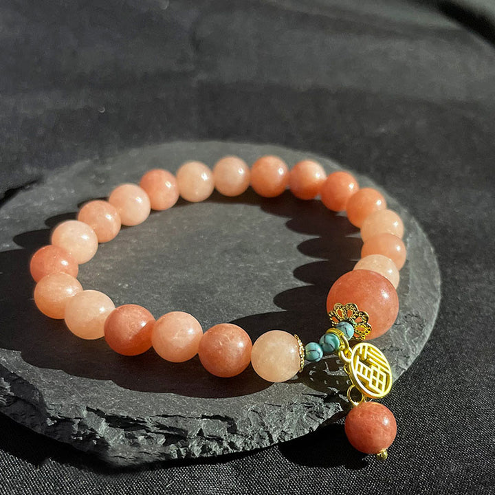 Buddha Stones Pietra arancione naturale Turchese Fu Character Charm Bracciale fortuna