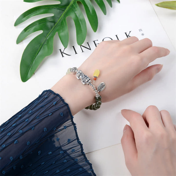 Braccialetto della fortuna PiXiu in argento sterling 925 Buddha Stones e giada naturale di Hetian e ambra