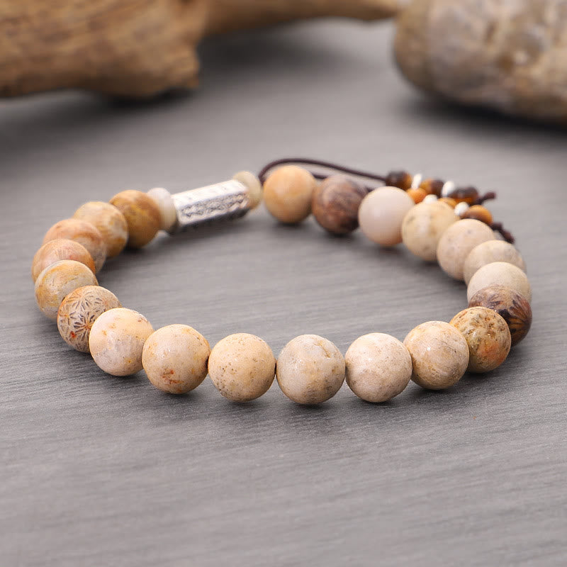 Braccialetto rinforzante in pietra invecchiata Om Mani Padme Hum Buddha Stones
