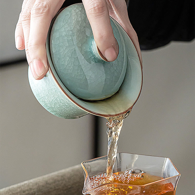 Buddha Stones Retro Green Ice Glaze Ceramic Gaiwan Sancai Tazza da tè Kung Fu Tazza da tè e piattino con coperchio