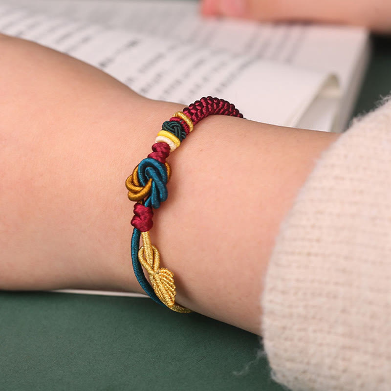 Braccialetto di corda della fortuna con nodo foglia mandala tibetano fatto a mano con Buddha Stones