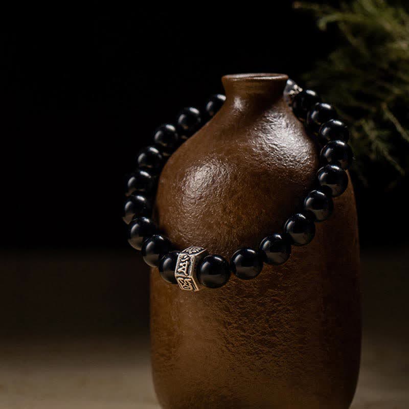 Braccialetto cinese zodiaco natale Buddha 925 argento sterling ossidiana nera pietra di luna forza