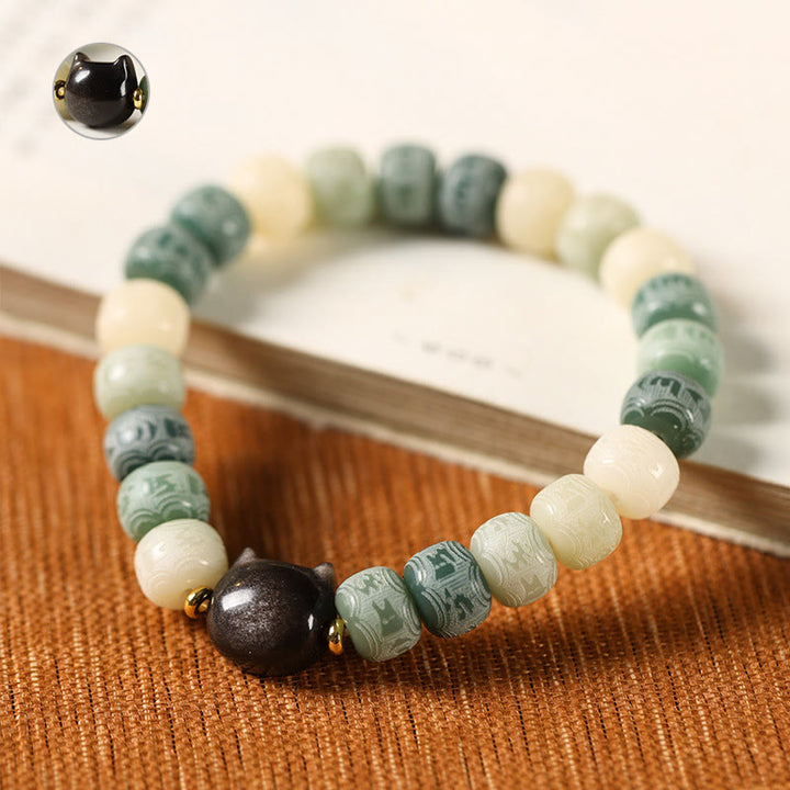 Buddha Stones Semi di Bodhi Argento Lucentezza Ossidiana Testa di Gatto Om Mani Padme Hum Braccialetto Armonia Inciso - image 9