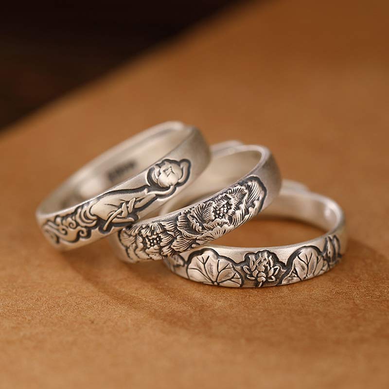 Anello Buddha Stones 999 Sterling Silver Lotus Peony Flower Enlightenment