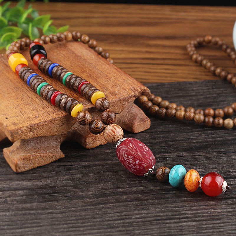 Buddha Stones Tibetano Legno Wenge Bodhi Seme Agata Equilibrio Pace Collana Pendente