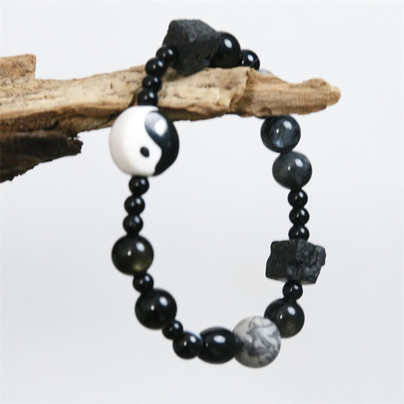 Braccialetto di protezione della fortuna Yin Yang con perline di diaspro Picasso in onice nero Buddha Stones - image 15