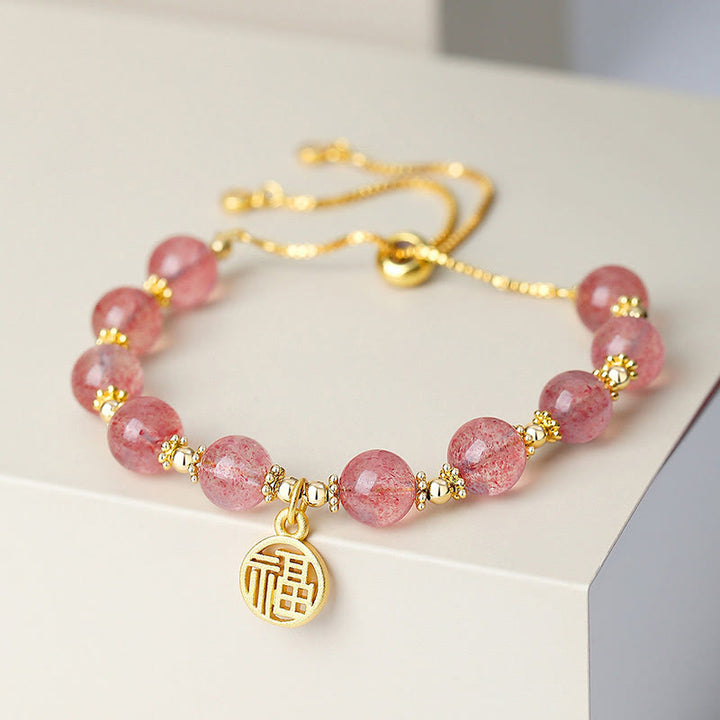 Bracciale con ciondolo positivo Fu Character Buddha Stones placcato oro 14K con quarzo fragola naturale