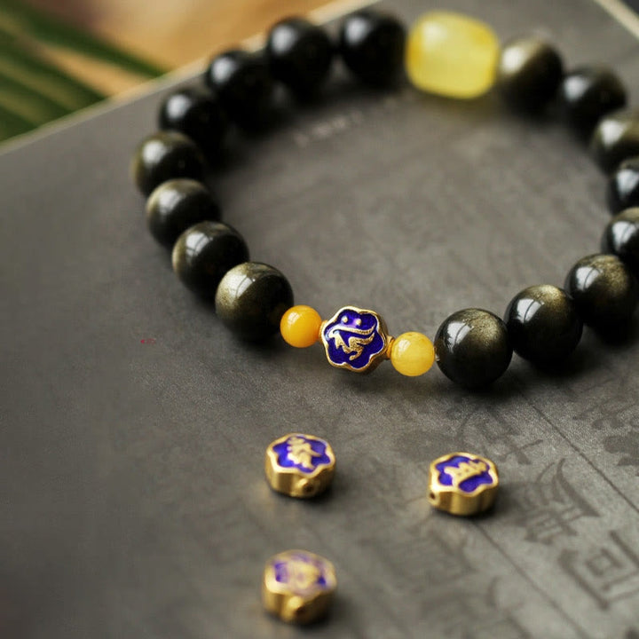 Bracciale Buddha Stones 925 Sterling Silver Zodiaco Cinese Buddha Natale Naturale Oro Lucentezza Ossidiana Ambra Protezione Ricchezza
