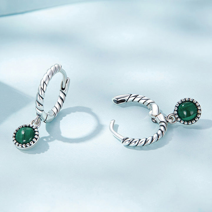 Orecchini pendenti anti-ansia in argento sterling 925 con malachite rotonda
