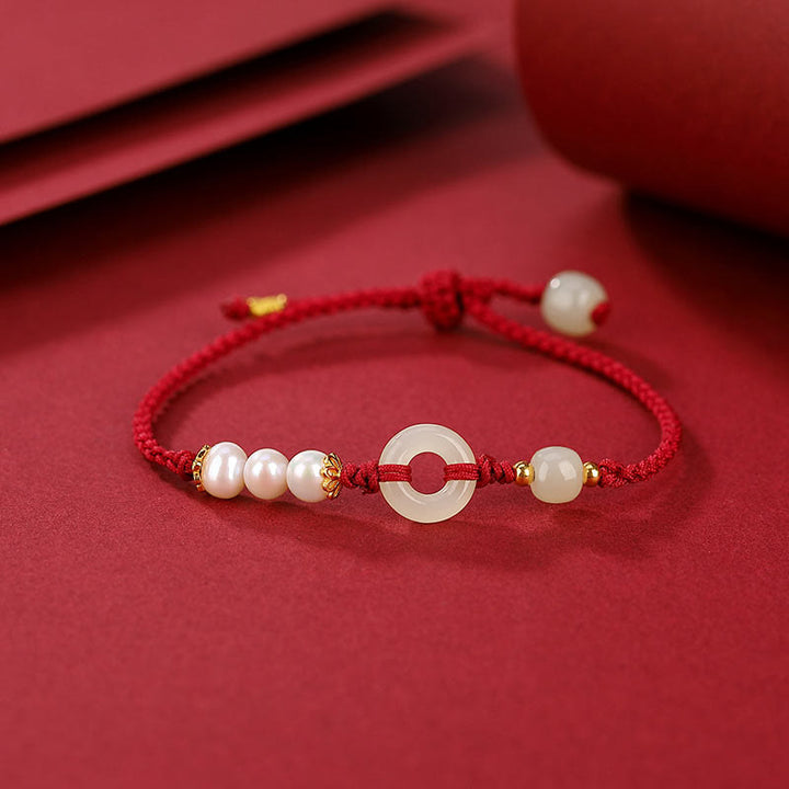 Bracciale Buddha Stones 925 Sterling Silver placcato oro Hetian Jade Peace Buckle Pearl Luck