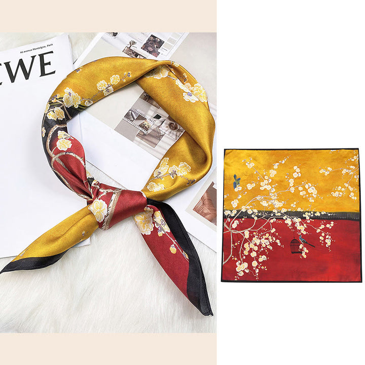 Sciarpa per capelli al collo in seta di gelso al 100%, motivo: Buddha Stones , scena pastorale, mongolfiera, fiori primaverili