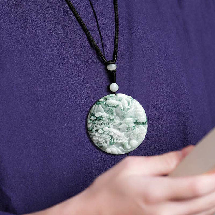 Collana con corda di abbondanza di giada con paesaggio montano Buddha Stones