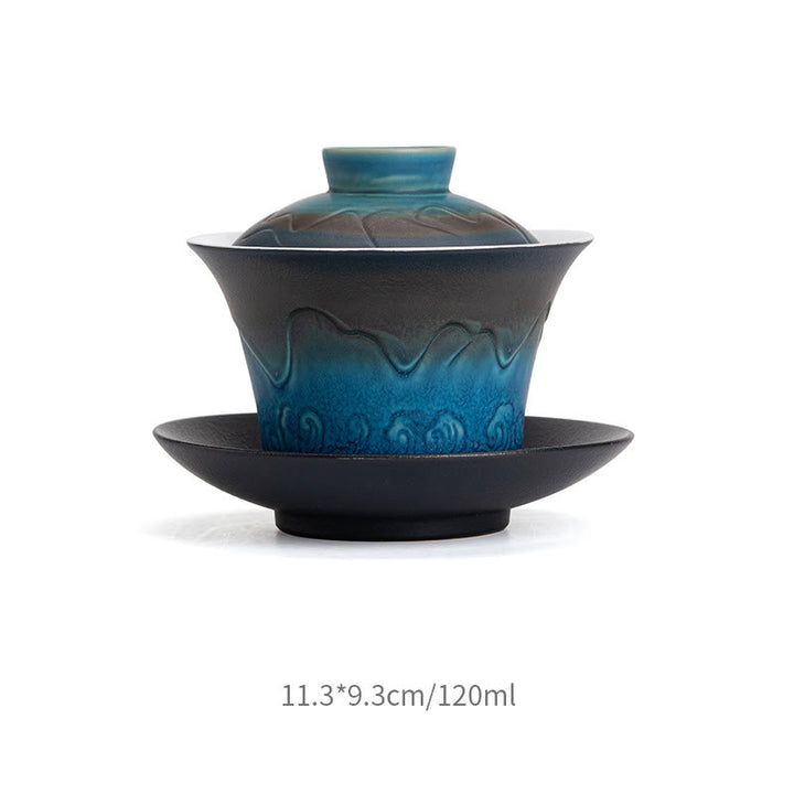 Buddha Stones Retro Blu Oceano Mare Onde Gradiente Ceramica Gaiwan Sancai Tazza da Tè Kung Fu Tazza da Tè e Piattino con Coperchio