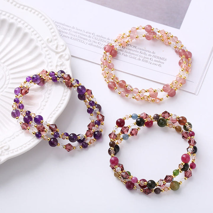 Braccialetto a doppio giro Buddha Stones Tormalina naturale Quarzo fragola Ametista Pace Saggezza