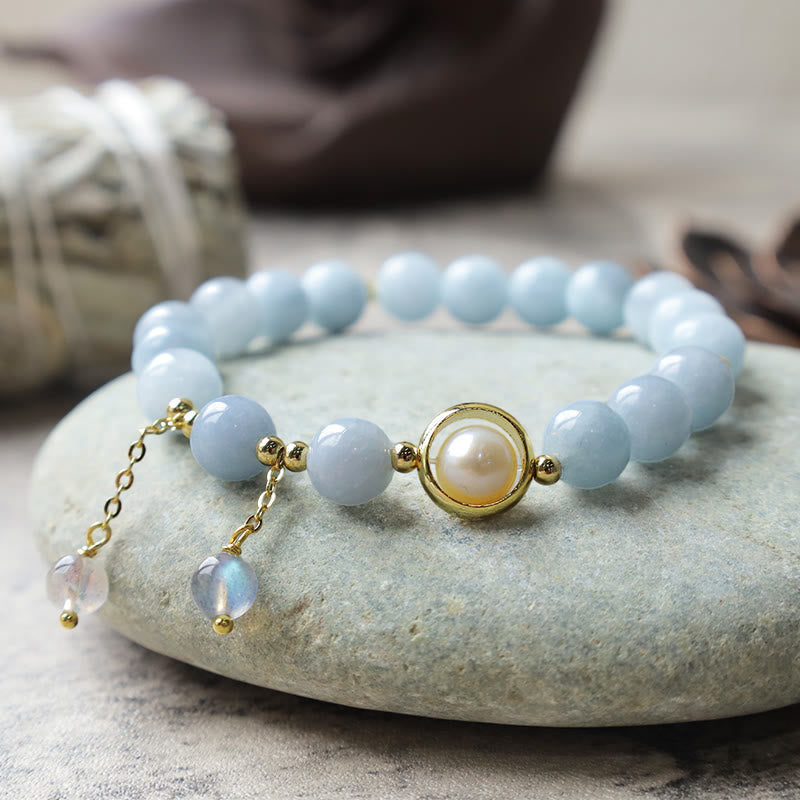 Braccialetto con ciondolo in perle di pietra di luna, acquamarina e perle curative Buddha Stones