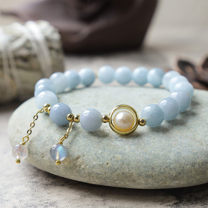 Braccialetto con ciondolo in perle di pietra di luna, acquamarina e perle curative Buddha Stones
