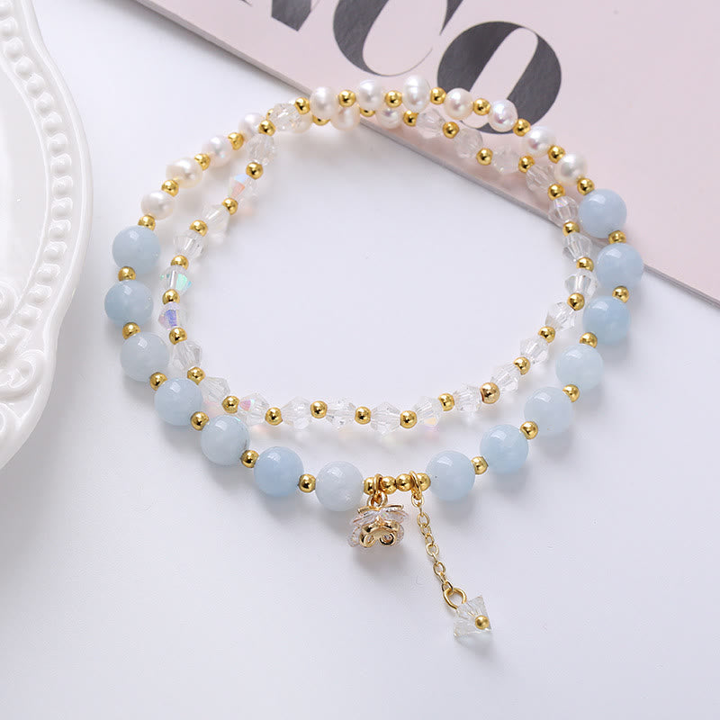 Braccialetto a doppio giro naturale con ametista, acquamarina, quarzo fragola, perla e guarigione della pace