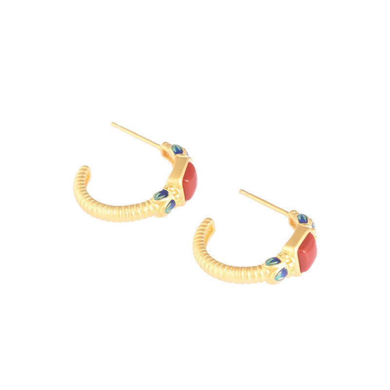 Orecchini a bottone in argento sterling 925 con agata rossa e loto, fiducia e calma