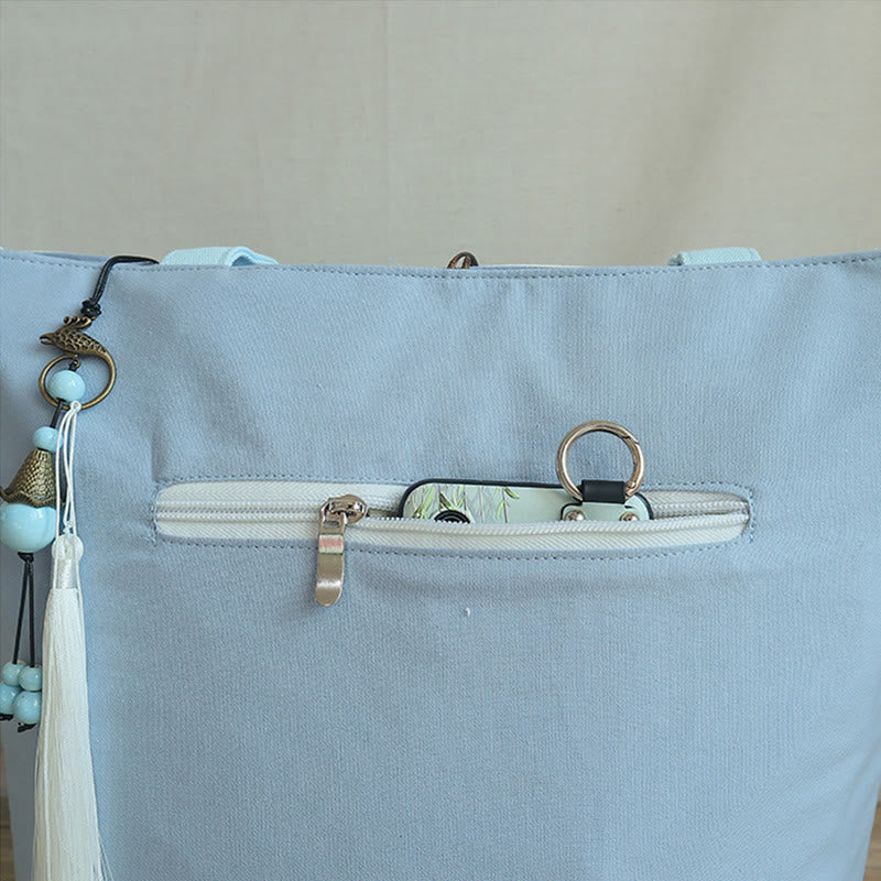 Borsa a tracolla grande capacità in tela con ricamo in bambù, prugna, fiore di pera, pesco