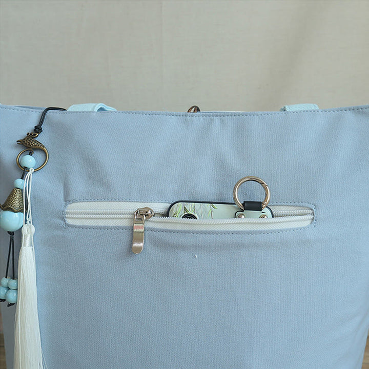 Borsa a tracolla grande capacità in tela con ricamo in bambù, prugna, fiore di pera, pesco