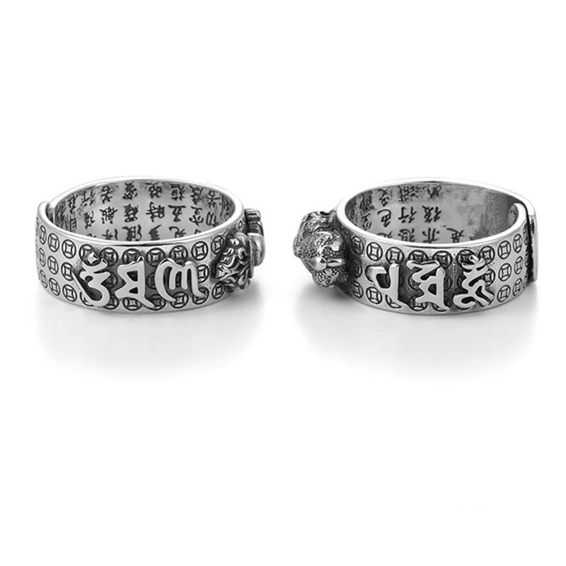 Anello di ricchezza inciso Buddha Stones in argento sterling 990 tibetano Om Mani Padme Hum PiXiu Dorje Vajra Heart Sutra