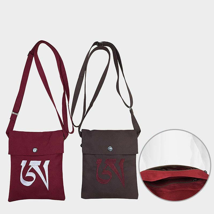 Borsa a tracolla in cotone ricamata a mano con mantra OM e pratica spirituale della mente, borsa a tracolla per cellulare