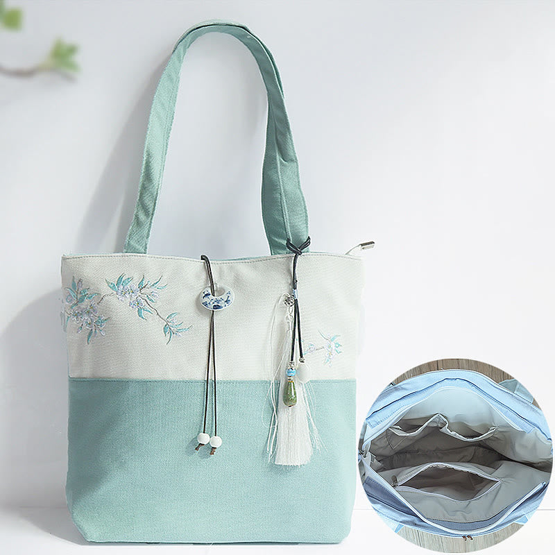 Borsa a tracolla grande capacità in tela con ricamo in bambù, prugna, fiore di pera, pesco