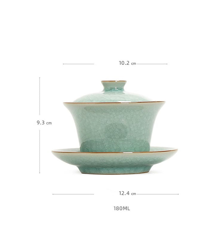 Buddha Stones Retro Green Ice Glaze Ceramic Gaiwan Sancai Tazza da tè Kung Fu Tazza da tè e piattino con coperchio