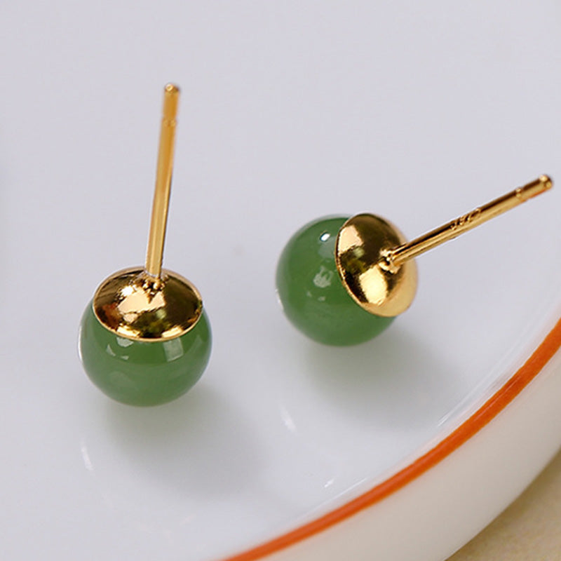 Orecchini a bottone rotondi in argento sterling 925 con Buddha Stones, giada ciano, guarigione e calma