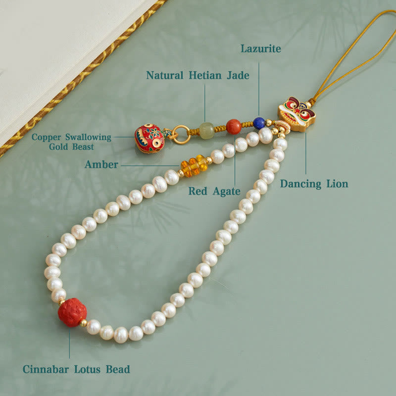 Buddha Stones Perla naturale Cinabro Borsa per soldi Campana Oro Bestia che deglutisce Leone danzante Guarigione Telefono Decorazione appesa
