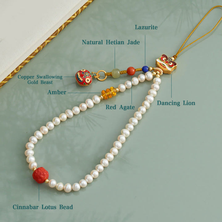 Buddha Stones Perla naturale Cinabro Borsa per soldi Campana Oro Bestia che deglutisce Leone danzante Guarigione Telefono Decorazione appesa