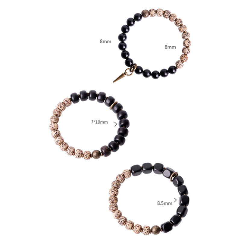 Buddha Stones Semi di Bodhi Tibetano Ossidiana Nera Legno di Ebano Rame Braccialetto della Pace