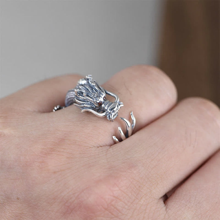 Anello di protezione della fortuna del drago in argento sterling 925 Buddha Stones