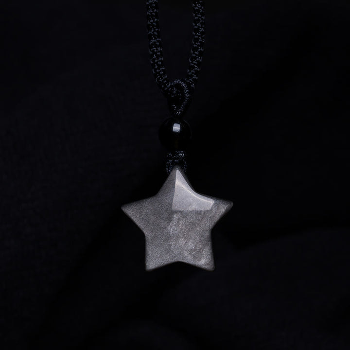Collana con ciondolo a forma di mezzaluna stellata in ossidiana naturale Buddha Stones argento