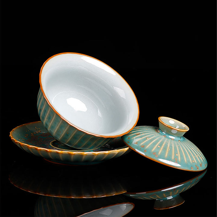 Buddha Stones Retro Glaze Kiln Change Ceramica Gaiwan Sancai Tazza da tè Kung Fu Tazza da tè e piattino con coperchio
