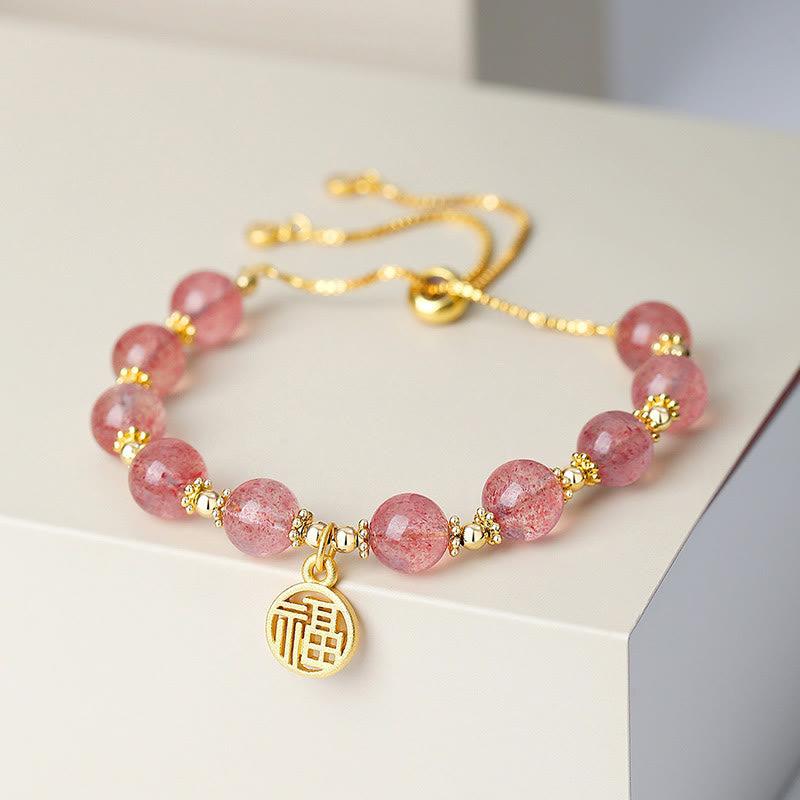 Bracciale con ciondolo positivo Fu Character Buddha Stones placcato oro 14K con quarzo fragola naturale