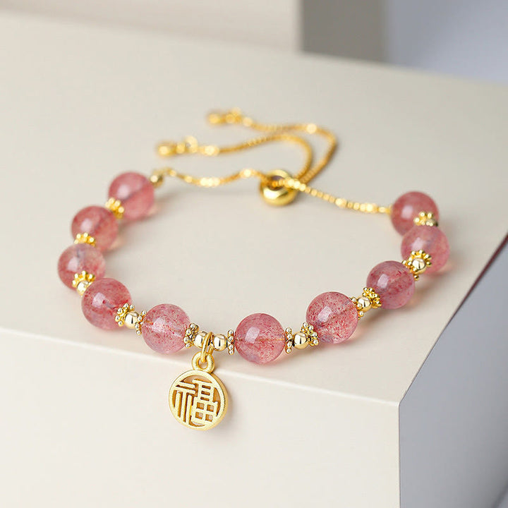 Bracciale con ciondolo positivo Fu Character Buddha Stones placcato oro 14K con quarzo fragola naturale