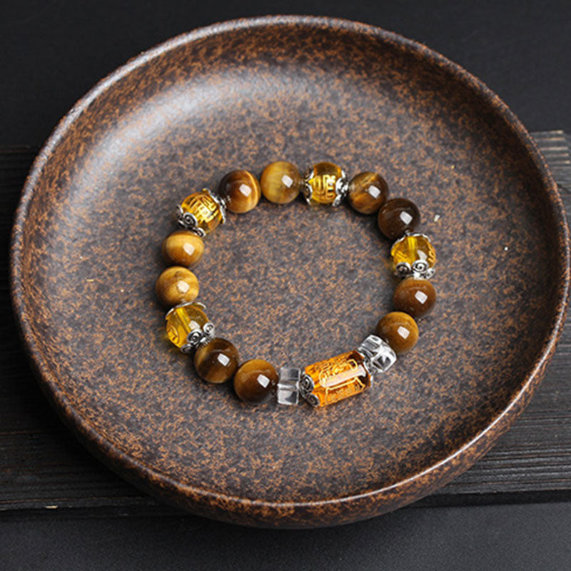 Braccialetto della fortuna e della prosperità con perline di occhio di tigre e Buddha Stones