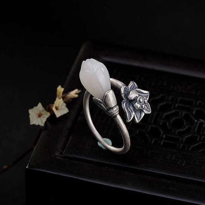 Anello regolabile Buddha Stones, giada, loto, rame, equilibrio, guarigione