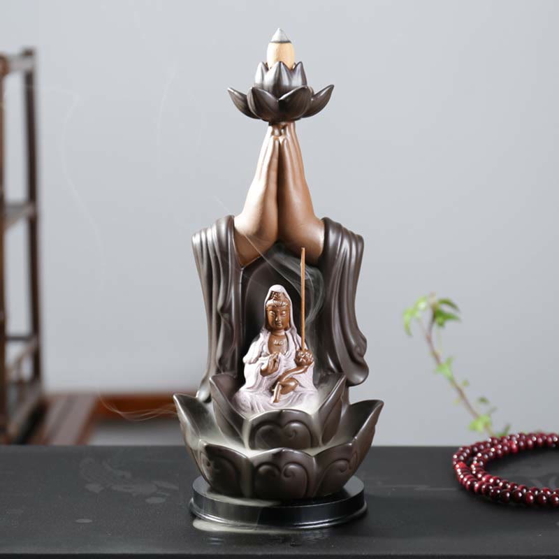 Buddha Avalokitesvara Chenrezig Ksitigarbha Ceramica Loto Benedizione Bruciatore di Incenso a Flusso Inverso