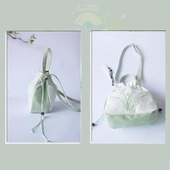 Borsa a tracolla in tela con fiori ricamati a mano con Buddha Stones