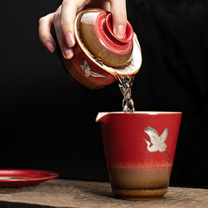 Buddha Stones Red Gru di buon auspicio Ceramica Gaiwan Sancai Tazza da tè Kung Fu Tazza da tè e piattino con coperchio