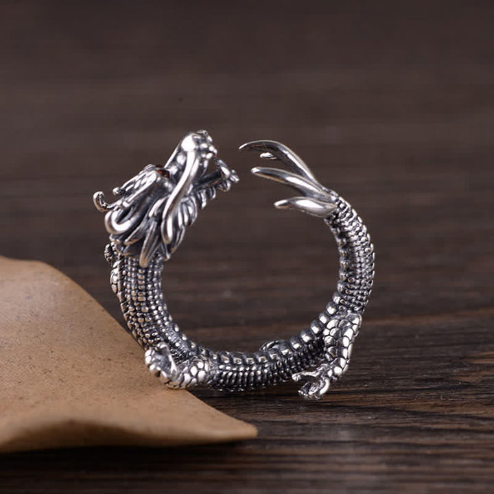Anello di protezione della fortuna del drago in argento sterling 925 Buddha Stones
