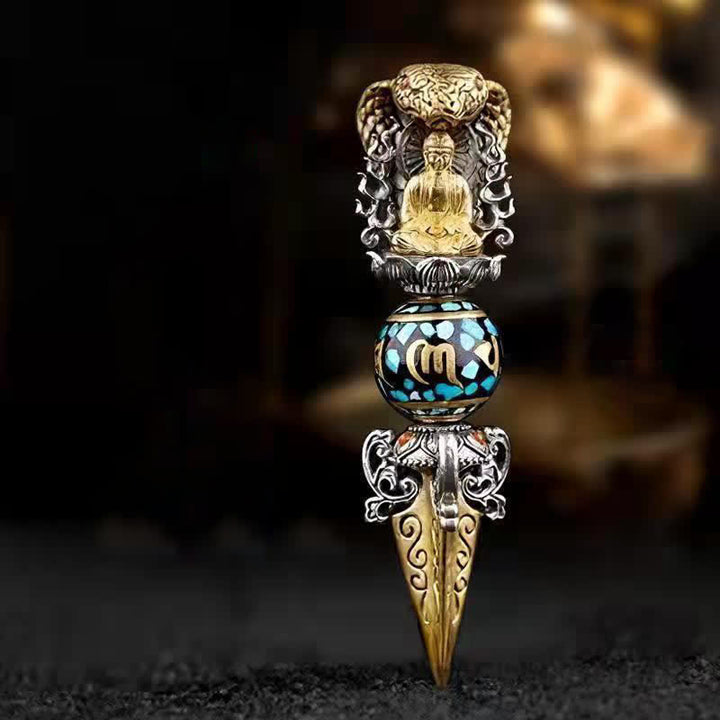 Buddha Stones Tibetano Om Mani Padme Hum Buddha Ricchezza Rotazione Collana Ciondolo Vajra - Ciondolo e filo nero - image 1