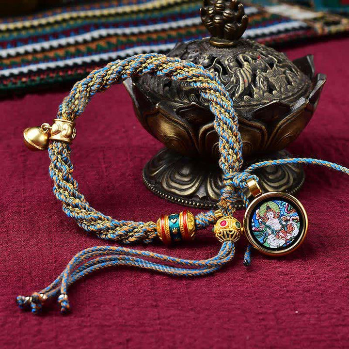 Braccialetto con ciondolo a forma di campana della ruota di preghiera tibetana, fatto a mano, con protezione dalla fortuna, Thangka