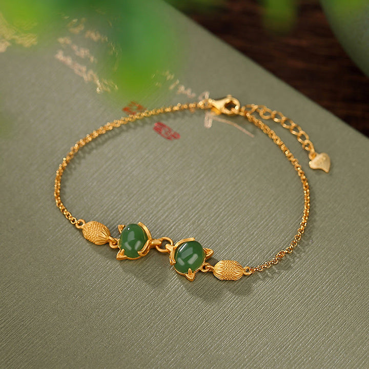 Braccialetto portafortuna con giada bianca naturale Hetian in argento sterling 925 Buddha Stones, giada ciano e volpe adorabile