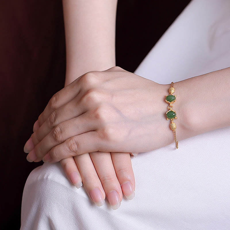 Braccialetto portafortuna con giada bianca naturale Hetian in argento sterling 925 Buddha Stones, giada ciano e volpe adorabile